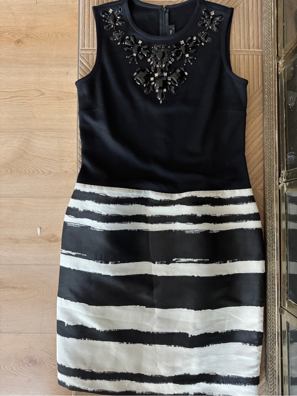 St. John Black Cocktail Dress with White Painted Stripe and Jeweled Neckline
